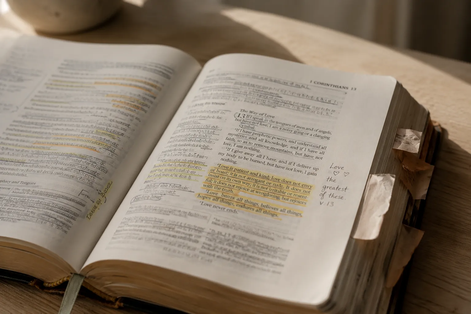 Bibbia aperta con versetti evidenziati in 1 Corinzi 13 sull'amore, simbolo della Parola di Dio come fondamento di un matrimonio cristiano.