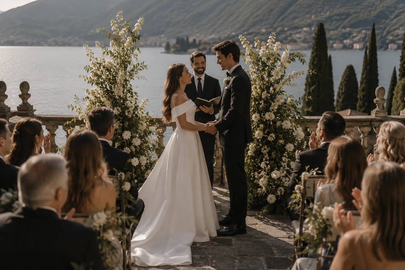 Una coppia cristiana protestantecelebra una cerimonia di matrimonio cristiano sul Lago di Como davanti a un pastore e ai propri ospiti, durante un destination wedding in Italia incentrato sulla fede e sul significato del matrimonio.