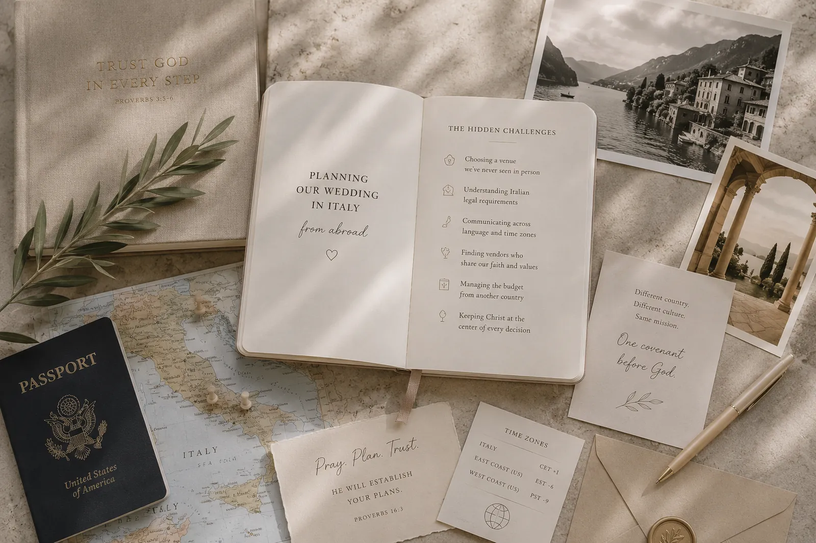 Quaderno con checklist che rappresenta le sfide della pianificazione di un matrimonio cristiano in Italia dall'estero, tra organizzazione, fede, logistica e coordinamento del destination wedding.