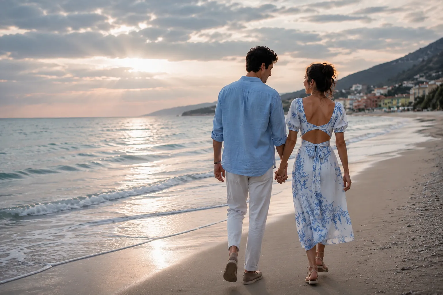 Coppia cristiana fidanzata che cammina mano nella mano sulla spiaggia, cercando insieme il proposito di Dio per il proprio matrimonio.