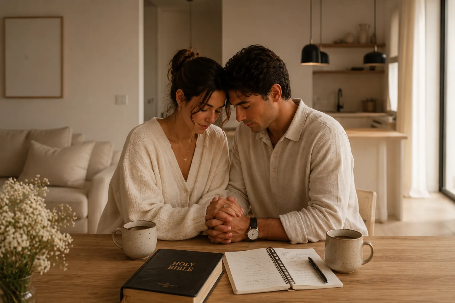 Giovane coppia cristiana che prega insieme durante il fidanzamento, preparando un matrimonio centrato su Cristo attraverso la preghiera e la fede.