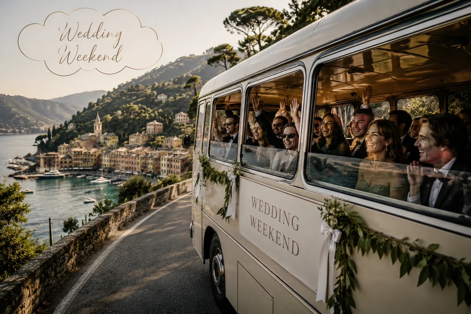 Ospiti sorridenti viaggiano insieme a bordo di un autobus decorato durante il wedding weekend di un matrimonio cristiano in Italia, vivendo un'esperienza condivisa tra accoglienza, convivialità e scoperta del territorio.