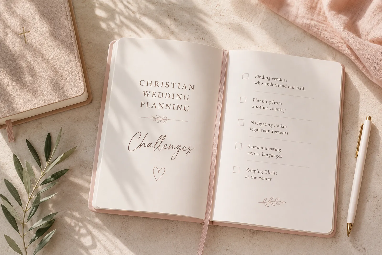 Quaderno rosa con checklist che rappresenta le sfide dell'organizzazione di un matrimonio cristiano in Italia dall'estero, tra pianificazione, logistica, documentazione e coordinamento del destination wedding.