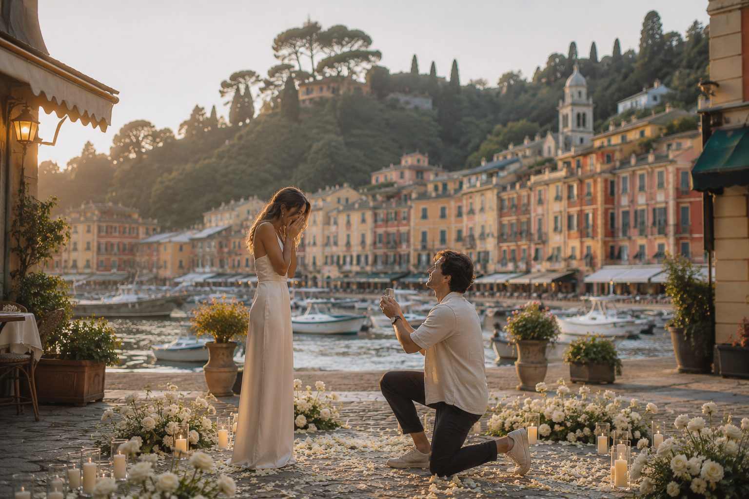 Proposta cristiana di matrimonio a Portofino: una giovane coppia celebra il fidanzamento con una romantica vista sul mare della Riviera Ligure.