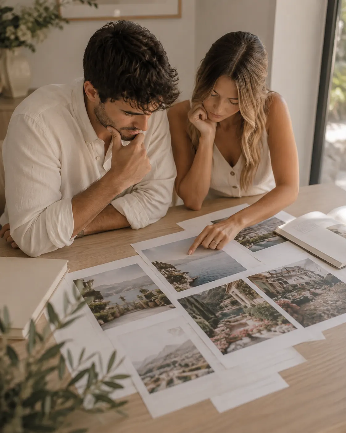Una coppia cristiana confronta fotografie di diverse location per scegliere la venue ideale per il proprio matrimonio cristiano in Italia, pianificando il destination wedding dall'estero.